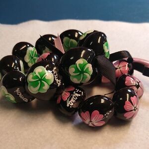 Handcrafted Kauai Floral Beaded Bracelet Green and Pink Cottagecore